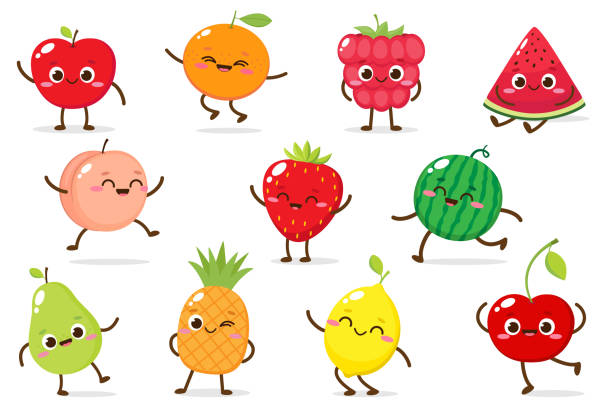 illustrations, cliparts, dessins animés et icônes de ensemble de vecteur de dessin animé des fruits drôles - kawaii