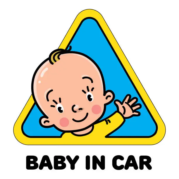 Vector illustration of Baby in car sticker. Funny face of boy or girl