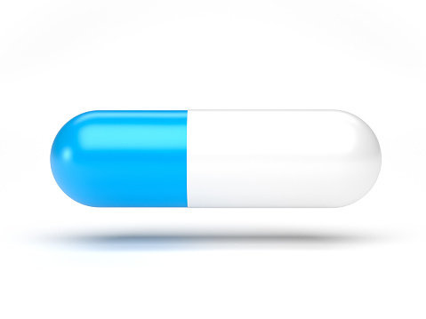 3d render, medicine capsule in blue with white background. With copyspace