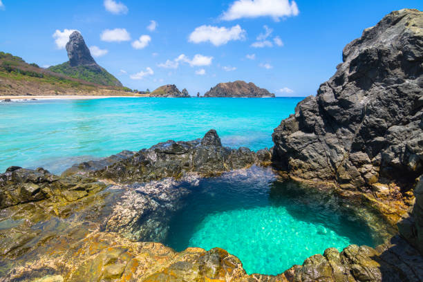 Wonderful view of Conceicao Beach, Fernando de Noronha Island Brazil with the famous Peak Hill (Morro do Pico). Fernando de Noronha known as the Brazilian paradise is located 350 km from the Brazilian coast, the island is a national marine park and ecological sanctuary. It has the most beautiful set of beaches in Brazil. The island is world famous for its surfing, diving activities and also for its rich and exuberant marine life. natal brazil stock pictures, royalty-free photos & images