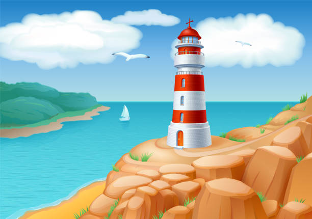 Landscape with a Lighthouse Vector illustration of marine landscape with a lighthouse, seagulls and sailboat. EPS10 transparency. lighthouse lighting equipment reflection rock stock illustrations