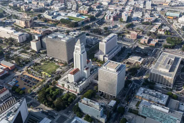 Afternoon aerial view of Los Angeles Civic Center and City Hall buildings.