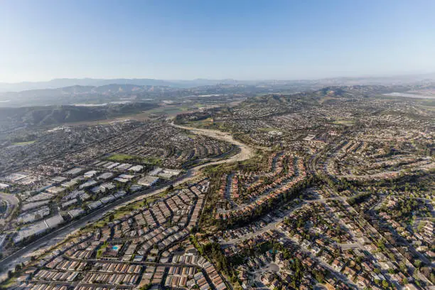 Aerial view of streets and homes in Camarillo, California.