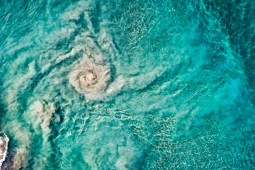 Sandy whirlpool, strong currents and storm surges in the ocean