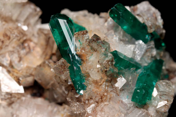 Beautiful Dioptase Crystals in Calcite matrix stone stock photo