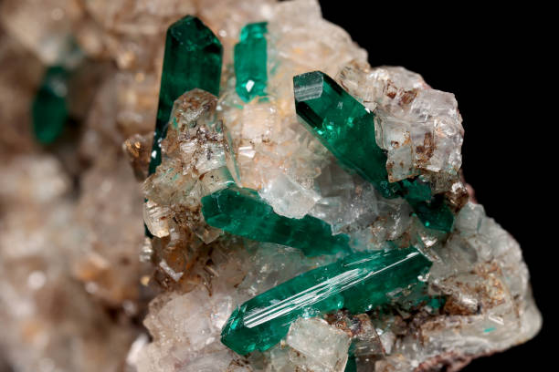 Specimen of sharp, lustrous Emerald Green Dioptase crystals combined with Calcite. Great contrast, from Sanda, Kimbedi, Mindouli District, Pool Department, Republic of the Congo