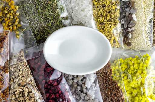 Packaged herbal and mineral ingredients and components for creating organic supplements and empty plate for text