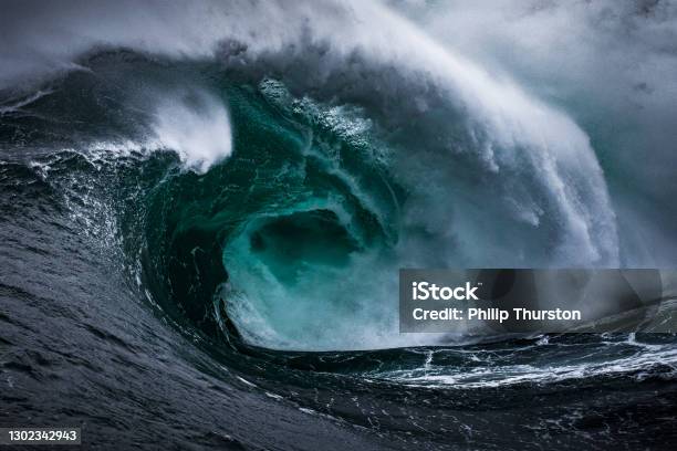 Dangerous Powerful Storm Surge Wave Dark And Fearful Provoking Scene Stock Photo - Download Image Now