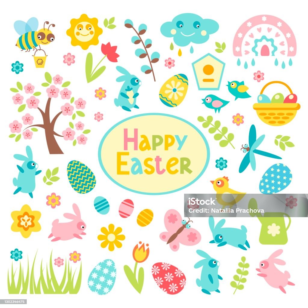 Spring Rosters Easter Set Of Easter Spring Elements Isolated On White Background Stock ...