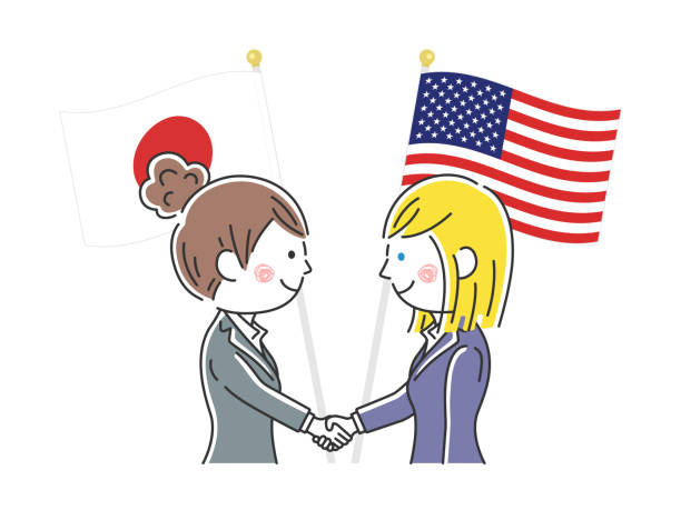 illustrations, cliparts, dessins animés et icônes de illustrations des japonais et des américains se serrant la main. - coalition businessman business handshake
