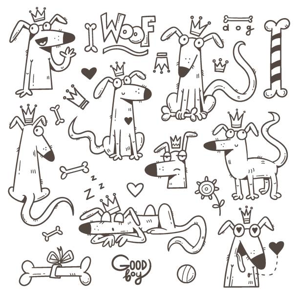 set mit niedlichen cartoon hund. lustige welpen und knochen. guter junge druck. vektor-aufkleber-pack mit freudigen tier. - dog eared stock-grafiken, -clipart, -cartoons und -symbole