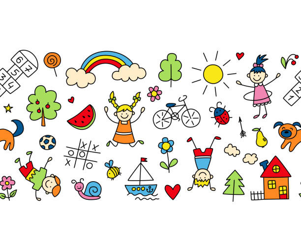 ilustrações de stock, clip art, desenhos animados e ícones de happy children in summer park. funny small kids play, run and jump. background in kid doodle style. - rainbow preschooler baby child