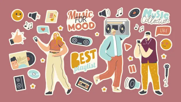 Vector illustration of Set of Stickers Playlist for Music Collection Theme. People with Player, Thumb Up, Vinyl and Cd Disk, Dynamics or Player