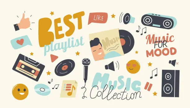 Vector illustration of Set Icons Best Playlist for Music Collection Theme. Hand Thumb Up Gesture, Vinyl and Cd Disk, Dynamics and Record Player