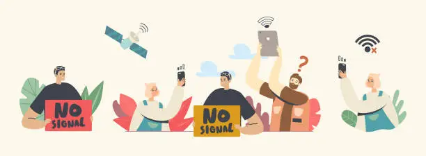 Vector illustration of Lost Wireless Connection, No Wifi Signal Technology. Characters Use Wifi and Satellite for Surfing Internet Hotspot Zone