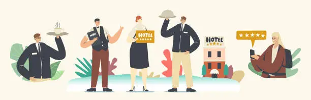 Vector illustration of Five Stars Hotel, Hospitality Service Concept. Staff Receptionist, Waiter with Menu and Cloche on Tray Meeting Tourists