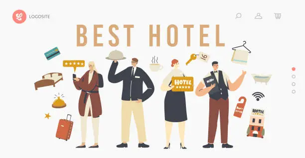 Vector illustration of Best Hotel Five Stars Service Landing Page Template. Hospitality Staff Meeting Tourists in Top Quality Luxury Hotel