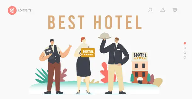 Vector illustration of Five Stars Hotel, Hospitality Service Landing Page Template. Staff Receptionist, Waiter with Menu Meeting Tourists