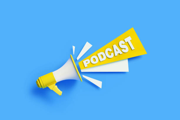 istock Podcast Coming Out From Yellow Megaphone On Blue Background - Podcast Concept 1302359241