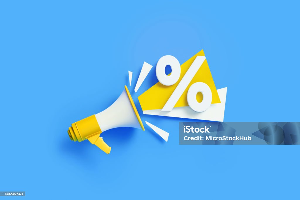 Percentage Sign Coming Out From Yellow Megaphone On Blue Background Percentage sign coming out from a yellow megaphone on blue background. Horizontal composition with copy space. Great use for sale and percent concepts. Sale Stock Photo