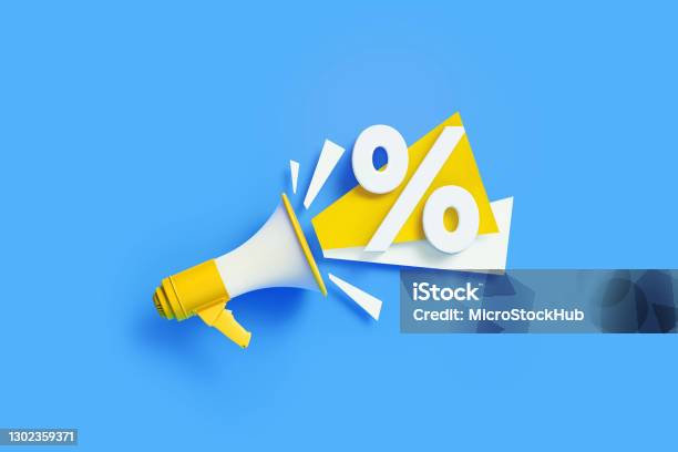 Percentage Sign Coming Out From Yellow Megaphone On Blue Background Stock Photo - Download Image Now