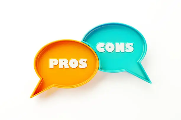 Pros and cons written orange and teal colored speech bubble pair sitting over white background. Horizontal composition with copy space. Pros and Cons concept.