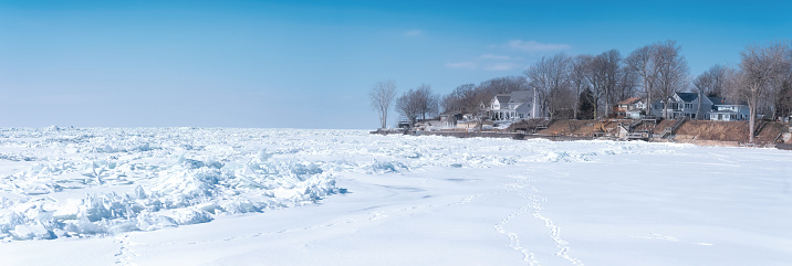 Colchester, Ontario, Canada - Feb 14, 2021: A view of Colchester beach/harbour during the winter freeze.