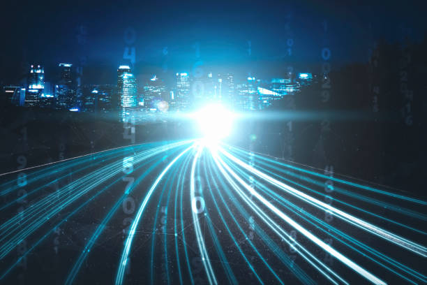istock Digital data flow on road with motion blur to create vision of fast speed transfer 1302362009