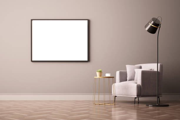 istock 3d rendering of Interior design for living room with picture frame on wall 1302363950