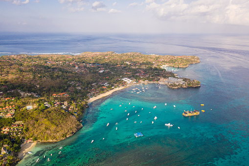 Aerial view of Nusa Lembongan island, a popular travel destinations close to Bali in Indonesia