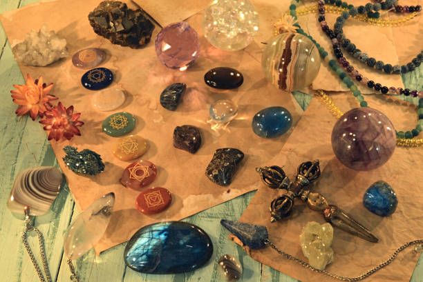 istock Still life with colorful crystals and ritual magic objects. 1302364905