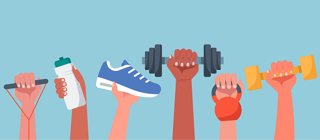 Sport exercise web banner concept, human hands holding training equipment such as dumbbells, kettlebell and resistance band, time to fitness workout and healthy lifestyle, vector illustration