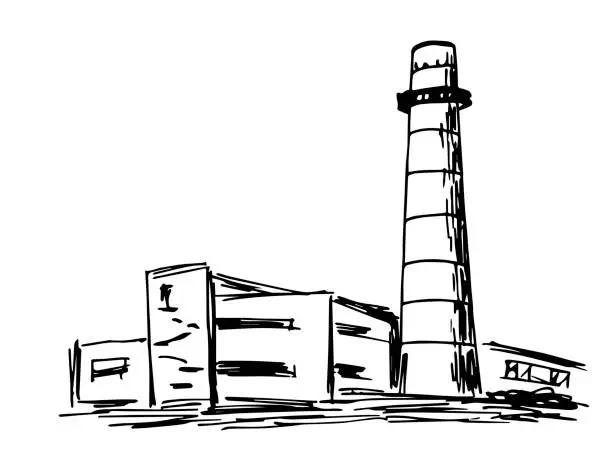 Vector illustration of Hand-drawn simple ink vector sketch. Old factory with a pipe. Industrial building. Black outline on a white background.