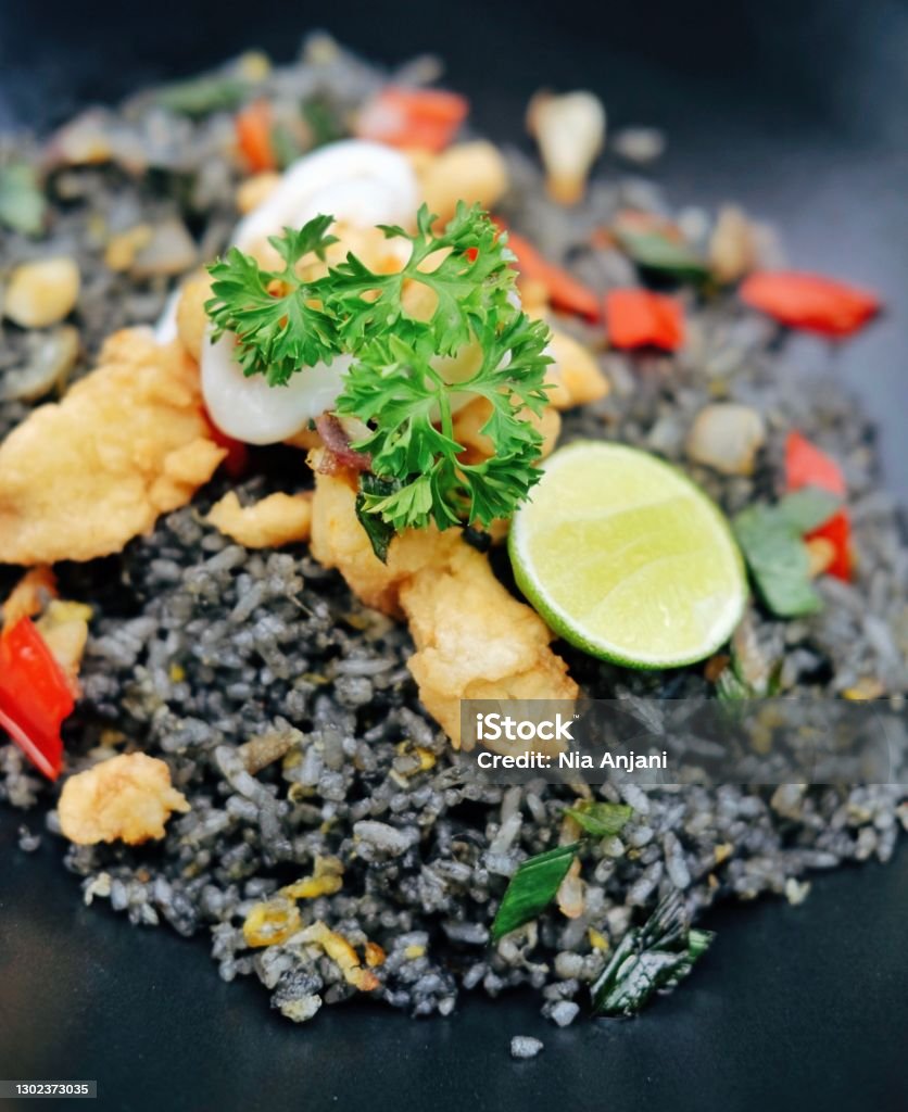 Squid Ink Fried Rice Fried Rice Squid Indonesian Asian Food Stock Photo