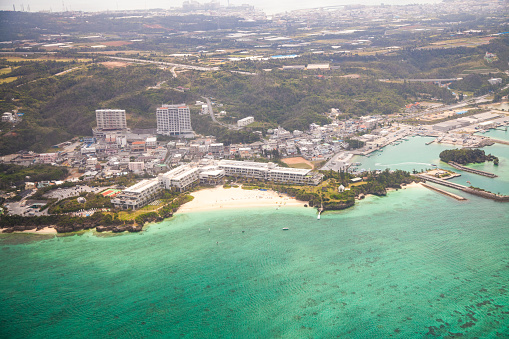 Looking down over Moon beach resort and other hotels in Onna, Okinawa.