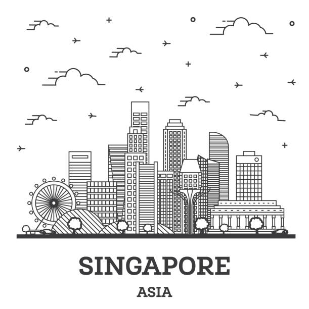 skizzieren sie die skyline von singapore city mit modernen gebäuden, die auf weiß isoliert sind. - singapore stock-grafiken, -clipart, -cartoons und -symbole