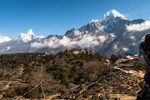 Stunning view of the Ama Dablam and Thamserku peaks from the Hotel Everest viewpoint above Namche Bazaar in the Khumbu in the Himalaya in Nepal