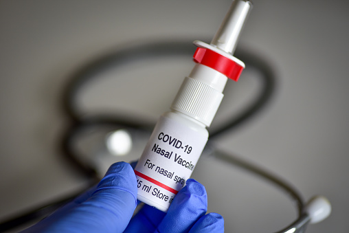 A fictional covid-19 nasal vaccine vial. The vial is created for photography purpose only.