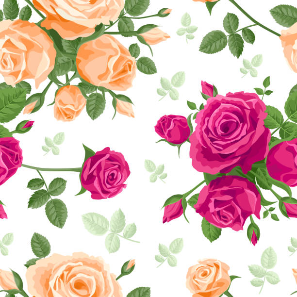 ilustrações de stock, clip art, desenhos animados e ícones de seamless pattern of orange and pink roses. vector illustration, background, pattern, texture. for wallpaper, textiles, wrapping paper. white background with cream, salmon flowers in vintage style. - baroque style wallpaper pink retro revival