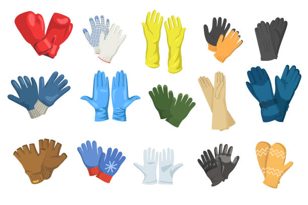 ilustraciones, imágenes clip art, dibujos animados e iconos de stock de variedad de guantes imágenes planas para el diseño web - glove