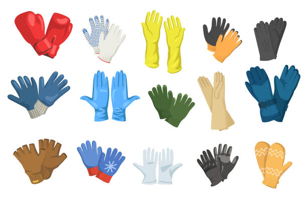 ilustrações de stock, clip art, desenhos animados e ícones de variety of gloves flat pictures set for web design - glove