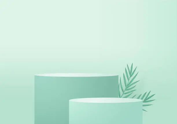 Vector illustration of 3d background products minimal podium scene with geometric platform. background vector 3d rendering with podium. stand to show cosmetic products. Stage showcase on pedestal modern studio green pastel