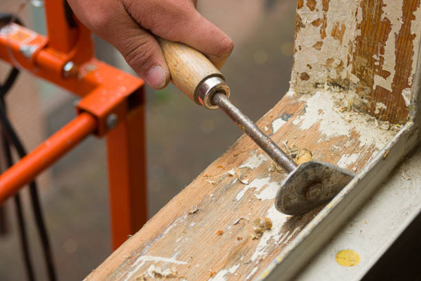 House renovation. A painter removing old paint with a scraper.