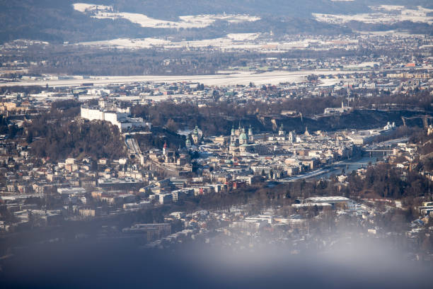 Outlook over Salzburg from Gaisberg, winter time Historic district of Salzburg, view from Gaisberg, Winter time gaisberg stock pictures, royalty-free photos & images