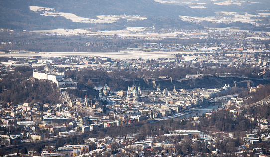 Historic district of Salzburg, view from Gaisberg, Winter time