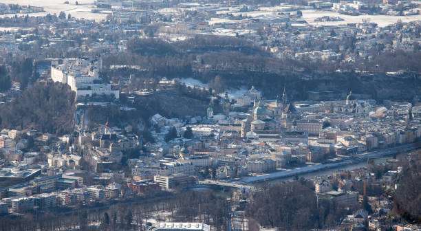 Outlook over Salzburg from Gaisberg, winter time Historic district of Salzburg, view from Gaisberg, Winter time gaisberg stock pictures, royalty-free photos & images