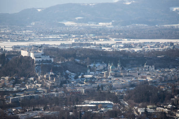 Outlook over Salzburg from Gaisberg, winter time Historic district of Salzburg, view from Gaisberg, Winter time gaisberg stock pictures, royalty-free photos & images