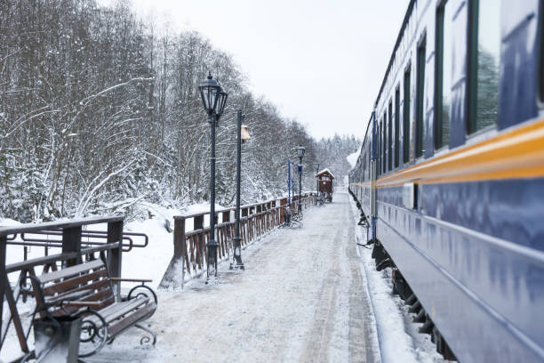 istock vintage railway station platform with train 1302391556