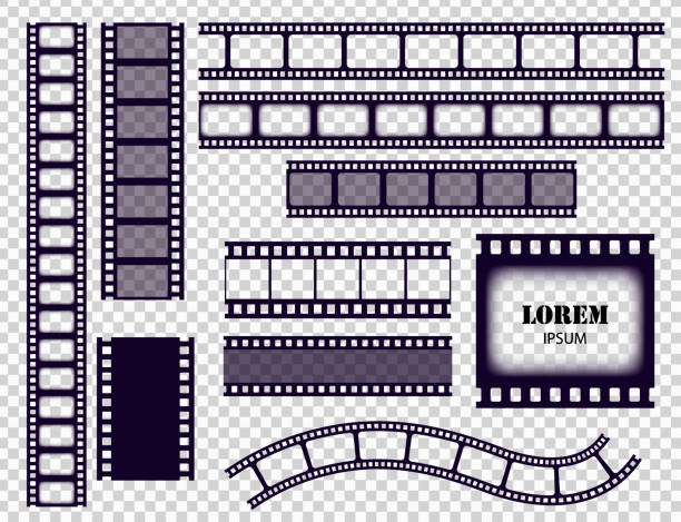 Film strip collection. Cinema border tapes or photo negative isolated on transparent background. Monochrome film stripes set vector illustration Film strip collection. Cinema border tapes or photo negative isolated on transparent background. Monochrome film stripes set vector illustration. rolling photos stock illustrations