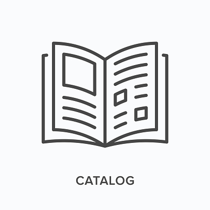 Catalog flat line icon. Vector outline illustration of open book. Black thin linear pictogram for paper magazine.